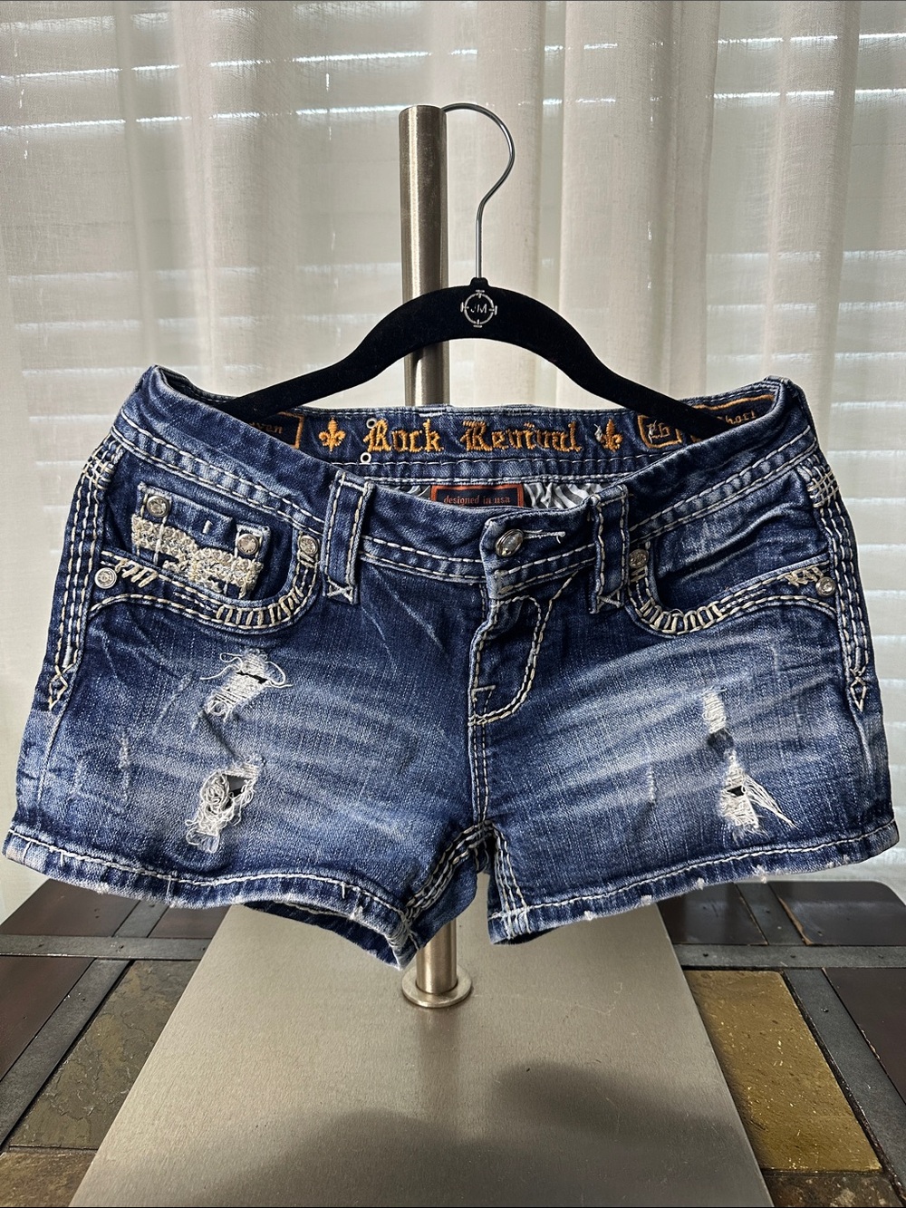 Rock Revival Dark Blue Distressed Denim Jean Shorts